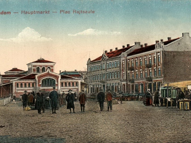 Rajszula z Halą Targową na pocztówce z okresu I wojny światowej