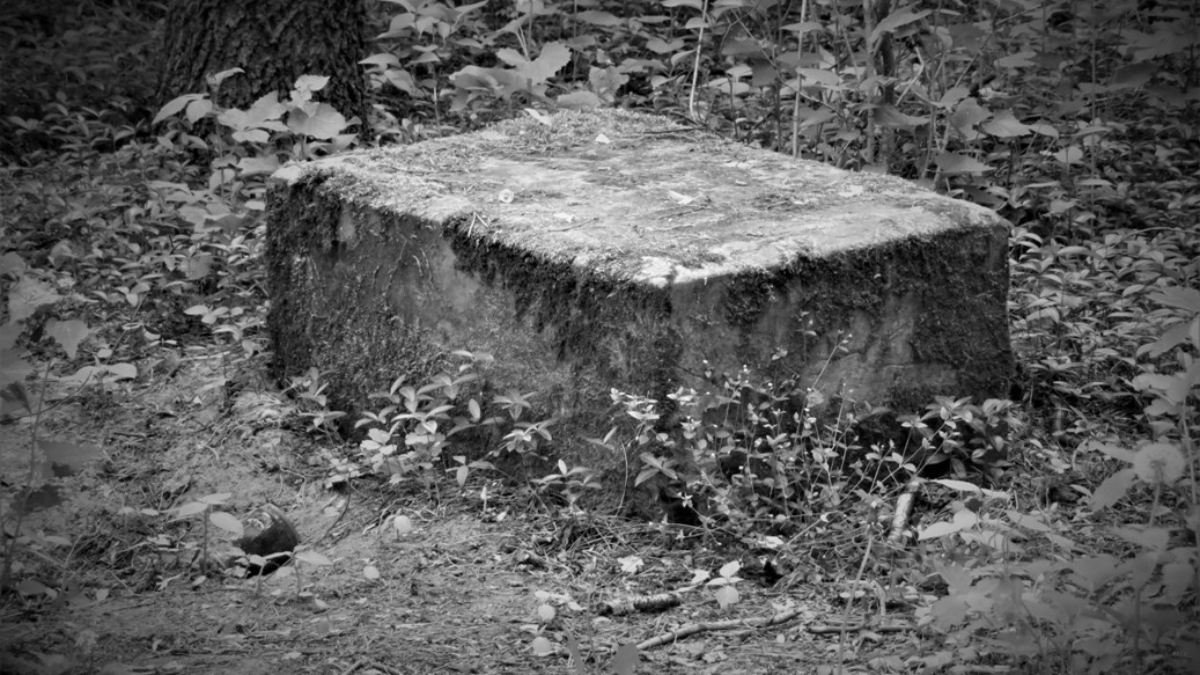 Kamienne fragmenty nagrobków znajdujące się wciąż na terenie dawnego cmentarza. Fot. P. Puton, 2020 (4)